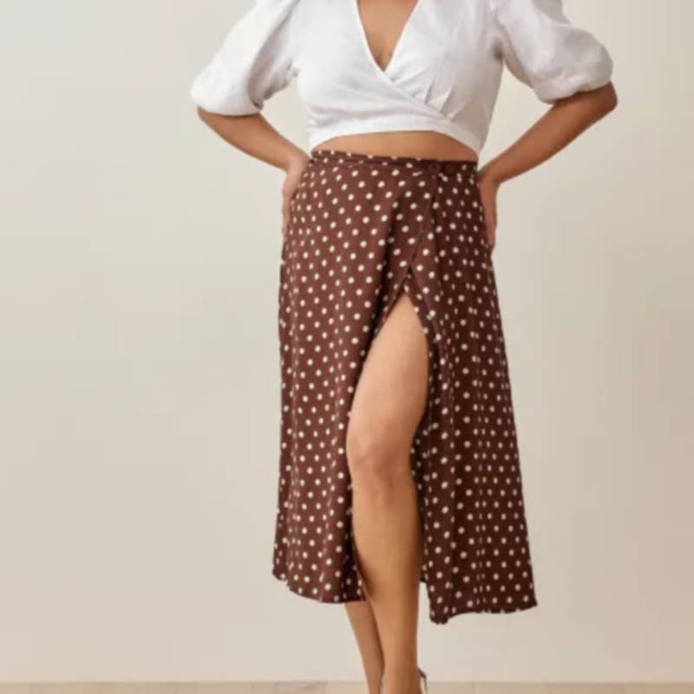 Reformation Brown Polka Dot Midi Skirt